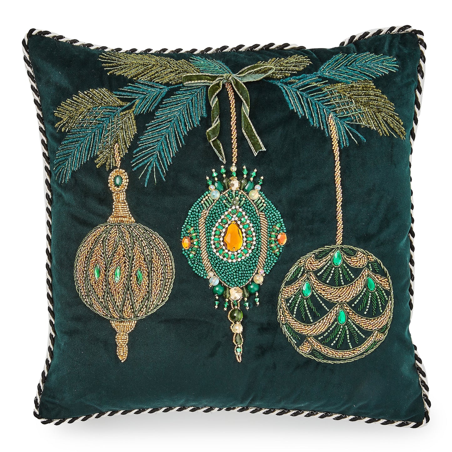 Emerald Ornaments Beaded Throw Pillow