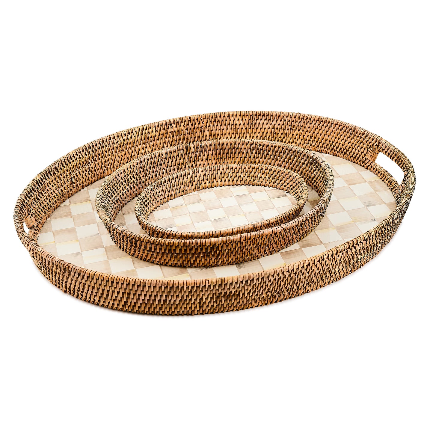 Mocha Check Enamel & Rattan Small Tray