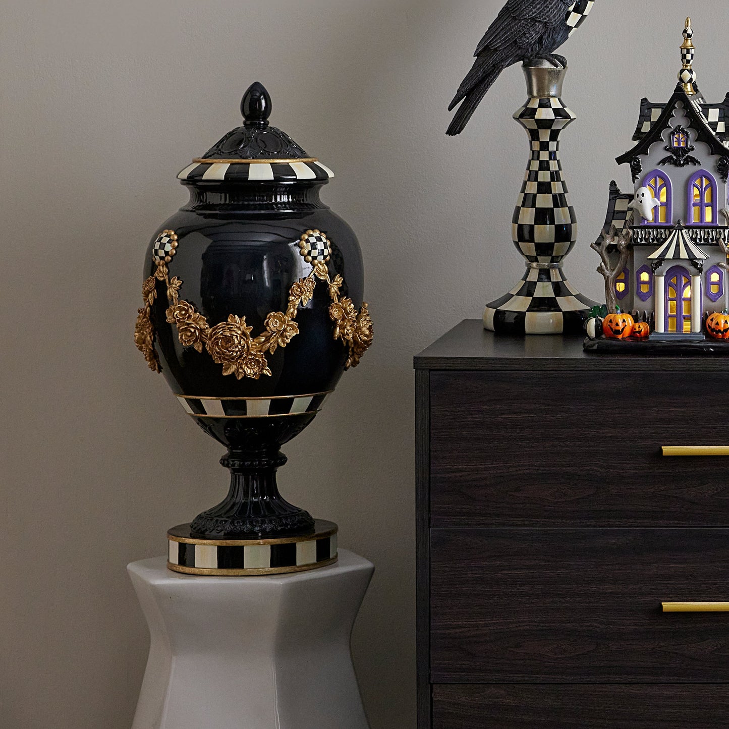 Haunted House Gold Floral Black Pedestal Urn