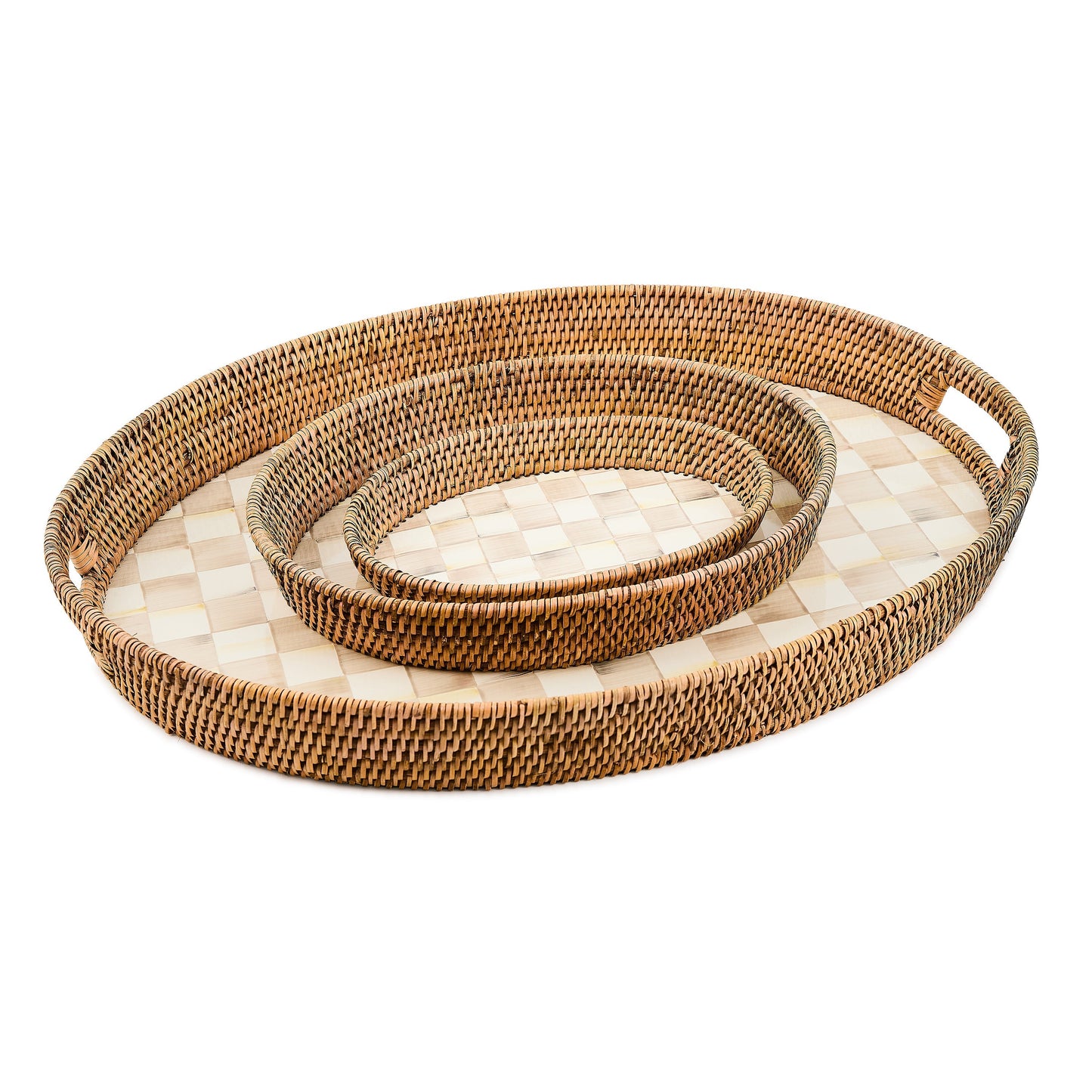 Mocha Check Enamel & Rattan Large Tray